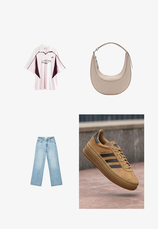 Hellrosa Fußballtrikot mit kurzen Ärmeln und dunkelmaroonen Akzenten, ausgestattet mit einem Kragen, dem "MILAN"-Logo und seitlichen Einsätzen in einer kontrastierenden Farbe.; Helle blaue Denim-Jeans mit weitem Bein und hoher Taille, im lässigen Look mit einem ausgewaschenen Finish und kleinen, verstreuten Used-Effekten.; Beige Wildledersneaker mit glatter Oberfläche, drei dunklen Streifen, abgerundetem Zehenbereich und einer dickeren Sohle mit strukturiertem Rand.; Beige Leder Schultertasche in Halbmondform, mit glatter Oberfläche und einem geschwungenen Henkel. Verfügt über einen Reißverschluss und saubere Nähte.