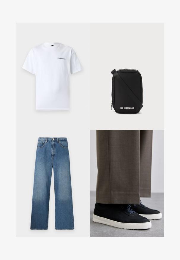 No Problemo MINI TEE - T-shirts - white; Bredde ben blå denimjeans med et klassisk femlomme design, frontknaplukking og lett falming for tekstur.; Svarte suedeglans sneakers med hvite gummisåler, med rund tå og lisser, iført grå skreddersydde bukser.; Svart bag med rektangulær form, laget av glat materiale. Har en toppglidser, justerbar stropp og hvit tekst: "HAN KJØBENHAVN."