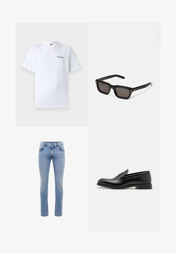 No Problemo MINI TEE - T-shirt basic - white; Jeans in denim blu chiaro con vestibilità slim, cinque tasche e design a gamba dritta. Presenta un'apertura con zip e passanti per cintura. Texture morbida.; Mocassini neri in pelle con una texture liscia, punta arrotondata e una striscia decorativa sulla tomaia. Tacco basso impilato, design minimalista.; Occhiali da sole neri rettangolari con lenti scure, montatura spessa in plastica, dettagli dorati sulle tempie e logo del marchio inciso sull'asta.