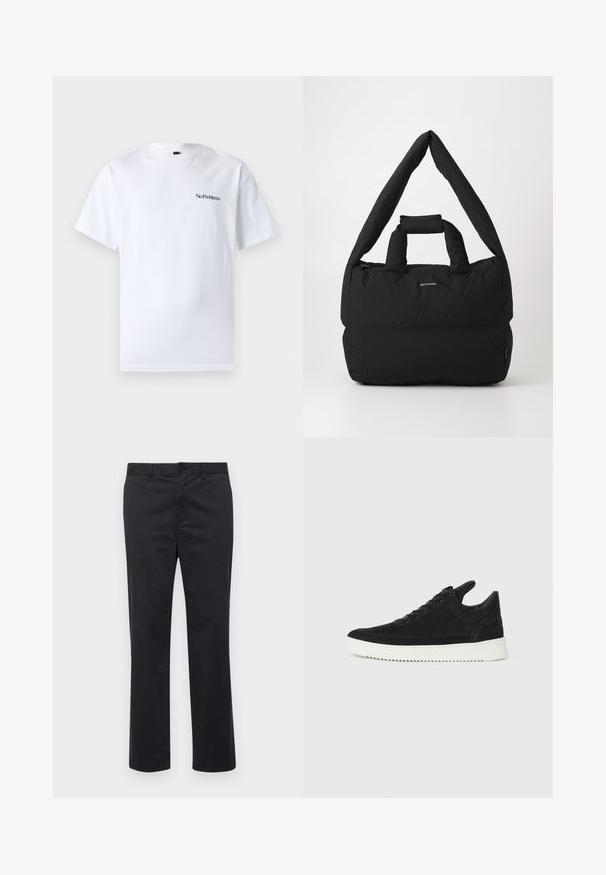 No Problemo MINI TEE - Basic póló - white; Fekete pamut nadrág egyenes szabással, gombos záródással és övhurkokkal. Simább textúra, látható minták vagy díszítések nélkül.; Fekete nubuk sportcipő fehér gumitalppal, tónusos varrással és fűzős kialakítással. Simák a textúrája, modern, letisztult formával rendelkezik.; Fekete párnázott táska széles, puha vállpánttal és felső fogantyúval. Cipzáras záródással és diszkrét logóval rendelkezik az elején.
