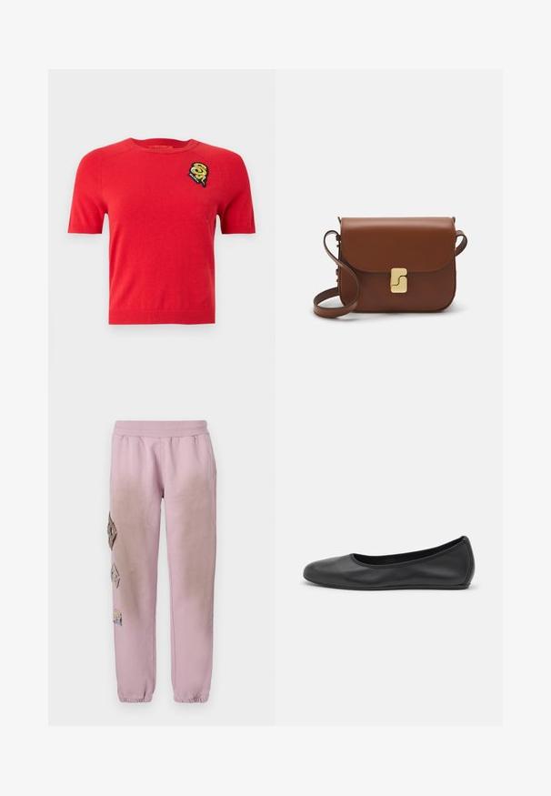 Sarkans īso piedurkņu džemperis, kas izgatavots no mīksta auduma. Tam ir apaļa dekoltē un izšūts apdruka ar dizainu kreisajā krūtī.; Rozā sporta bikses ar elastīgu jostu, kurām labajā pusē ir dekoratīvi uzliktni dimanta formā un elastīgas apkakles pie potītēm.; Melna ādas baleta kurpe ar noapaļotu purngalu, gludu tekstūru, minimālu šuvju detalizāciju un elastīgu zoles dizainu.; Bordo ādas rokas soma ar atloku, zeltītām detaļām, plecu siksnu un gludu virsmu. Kompakta, taisnstūrveida forma.