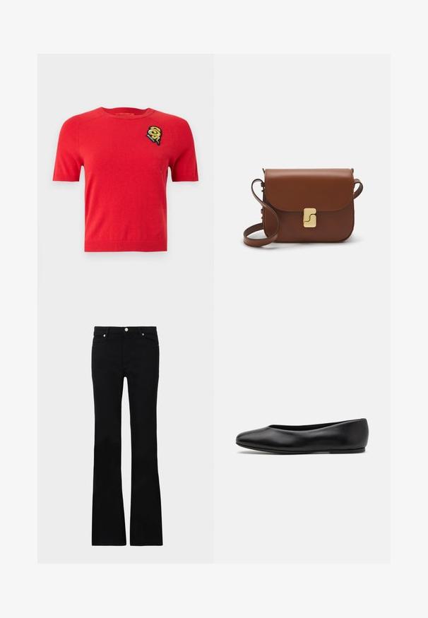Piros, rövid ujjú pulóver puha anyagból. Kerek nyakkivágással és hímzett folttal rendelkezik, amely a bal mellen helyezkedik el.; Fekete, bővülő szárú farmernadrág, két elülső zsebből áll, gombos záródással és sima textúrával rendelkezik. A varrásoknál látható a jellegzetes öltés.; Paul Smith TOPANGA - Balerina cipők - black; Barna bőr kézitáska, hajtókás zárással, arany színű fém kiegészítőkkel, vállpánttal és sima felülettel. Kompakt téglalap alakú.