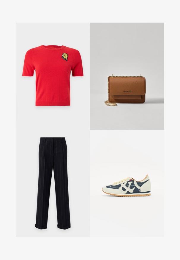 Roter Kurzarm-Pullover aus weichem Stoff. Verfügt über einen runden Ausschnitt und ein gesticktes Patch mit einem Design auf der linken Brust.; Schwarz gestreifte Hose mit tailliertem Schnitt, mit einem umgeschlagenen Saum und vorderen Falten. Hergestellt aus glattem Stoff mit einer strukturierten Gestaltung.; Sneaker aus einer Mischung von Creme-, Marineblau- und Wildledermaterialien, mit Schnürdesign, diagonaler Naht und Gummisohle mit Profil.; Braune strukturierte Ledertasche mit goldener Kettenriemen und Klappenverschluss. Die Vorderseite zeigt ein Logo-Detail und eine Tasche unter der Klappe.