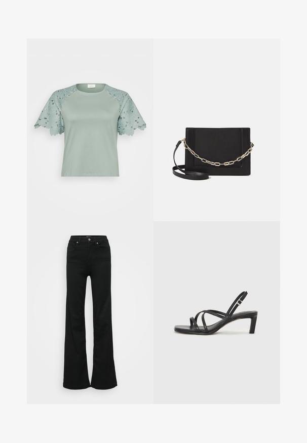 Heleroheline topp pitskätistega, millel on lillemustrid ja lõhikud, näidates juhuslikku, kuid stiilset disaini.; Mustad laiad teksapüksid, valmistatud denimist, kõrge vöökoht, viis taskut ja metallist nööpkinnitus. Sujuv tekstuur väheste detailidega.; Mustast rihmajalatsid ruudukujulise varba ja madala ploki kontsaga. Omab mitmeid õhukesi rihmasid ja reguleeritavat pahkluu rihma. Valmistatud siledast nahast.; Mustast nahast õlakott, mis omab siledat tekstuuri, ristküliku kuju ning esiküljel metallketi detaili. Reguleeritav rihm on kaasas.