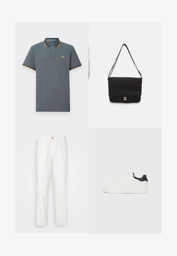 Pilkos spalvos polo marškiniai su tekstūruotu audiniu, turintys triukšmo mygtukų apykaklę, šviesiai mėlynos ir oranžinės spalvos akcentais, bei mažą logotipą krūtinėje.; Balti audiniai kelnių su tiesiu kirpimu, turinčiais dvi priekinės kišenes ir mygtukų užsegimą. Sklandus paviršius ir tvarkinga dizaino išvaizda.; Balti odiniai sportbačiai su įspaustu raštu, tekstūruotas baltas vidpadis ir juodas kulno akcentas. Ypatybės: apvalus pirštas ir plokščios batraiščiai.; Juodas pranešėjo krepšys, pagamintas iš lygaus medžiagos, su užkloto dangčiu, sidabrine užsegimo aparatūra ir reguliuojama petneša.