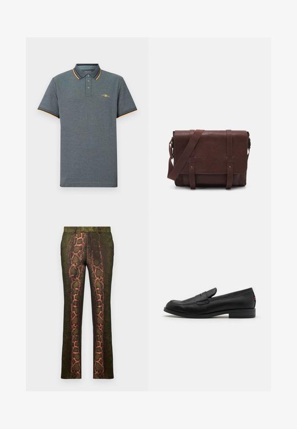 Harmaa polo-paita, jossa on teksturoitu kangas, kolmen painikkeen nappilista, vaaleansiniset ja oranssit kauluskoristeet sekä pieni logo rinnassa.; Vihreät kuvioidut housut, joissa on käärmeennahkakuosiset ruskean ja oranssin sävyt, suorat lahkeet ja sileä pinta.; Mustat nahkaloafersit, joissa on sileä pinta, pyöreä kärki ja pieni koristeellinen läppä. Varustettu matalalla pinotulla korolla ja huomaamattomalla brändityksellä.; Ruskea nahkainen viestintälaatikko, jossa on litteä etuläppä, kaksi remmiä, kultaiset yksityiskohdat ja säädettävä olkahihna.
