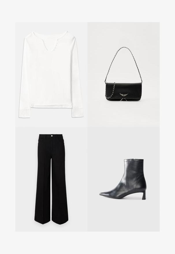 Bela dolga majica z dolgimi rokavi in V-izrezom, ki ima pet majhnih gumbov spredaj, izdelana iz lahkotnega materiala z gladko teksturo.; Črne široke kavbojke iz trpežnega materiala, z visokim pasom, sprednjimi žepi in sprednjim gumbom. Raven rob na dnu.; Črne usnjene gležnjarje s šiljastim nosom in elegantnim dizajnom. Imajo nizko peto in zadrgo na zadnji strani. Gladka tekstura.; Črna usnjena torbica s srebrnim verižnim ročajem, ki ima okrasne krilate poudarke in belo šivanje ob spodnjem šivu.