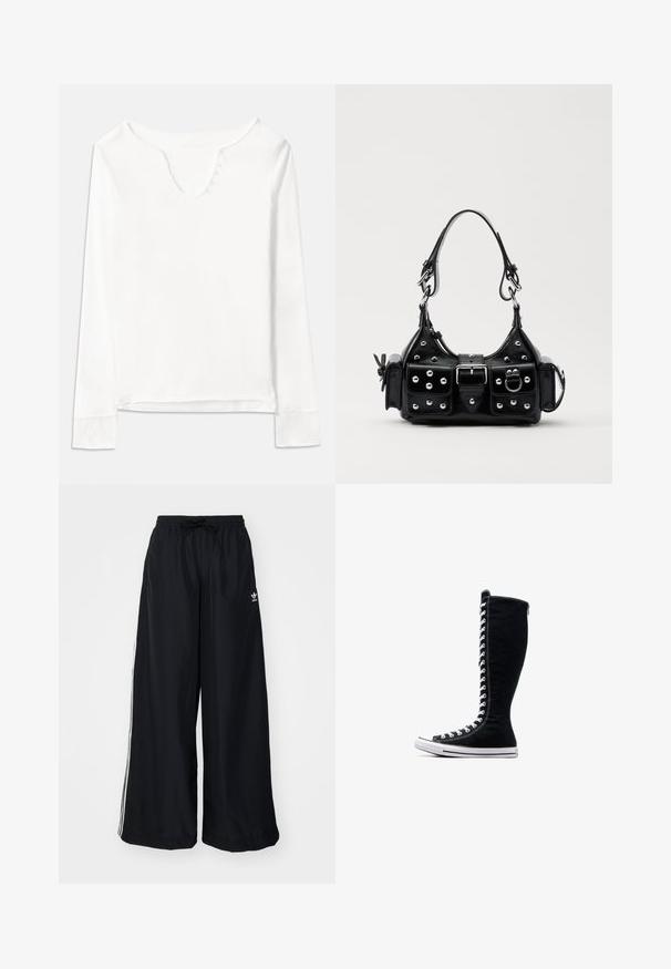 White long-sleeve top with a V-neckline, featuring five small buttons down the front, made from lightweight fabric with a smooth texture.; Black wide-leg pants made from lightweight fabric. Features an elastic waistband with drawstring and white side stripes. Brand logo on hip.; Black high-top sneakers with a tall design, made of canvas. Feature white laces, stitching, and a rubber sole with a toe cap.; Black leather handbag with a curved design, featuring silver studs, a buckle, and two side pockets. Adjustable strap for carrying options.