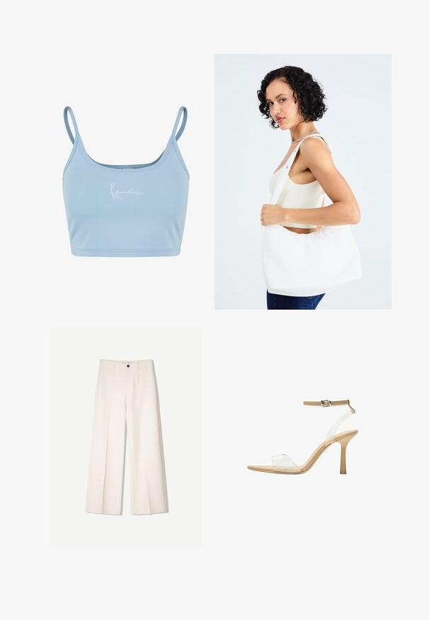 Ljusblå cropped tanktop i mjukt tyg med tunna axelband. Har en vit broderad logotyp på framsidan.; Krämfärgade byxor med vida ben och skräddarsydd design, med två framfickor och en enda knappstängning fram, tillverkade av ett smidigt tyg.; Klart häl sandal med en transparent ovandel, beige fotbädd och en smal ankelrem. Har en spetsig tå och en tunn hög klack.; Vit axelväska i slätt material, med ett ovalt utskärning och bred bärremdesign. Enkel och modern utan synlig hårdvara.