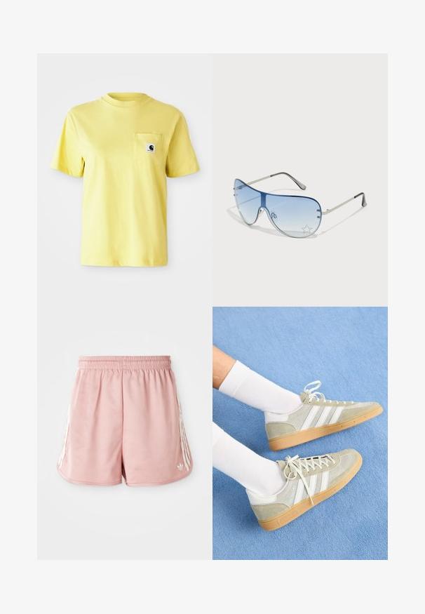 Yellow cotton t-shirt with short sleeves, round neckline, and a front pocket featuring a black logo patch. Smooth texture, casual design.; Pink athletic shorts with an elastic waistband, side white stripe detailing, and a small logo on the lower left front. Smooth fabric texture.; Light gray suede sneakers with white rubber accents, featuring three white stripes and a gum sole, worn with white socks on a blue background.; Aviator sunglasses featuring a gradient blue lens, silver metal frame, and decorative star accents on the lens. Smooth and sleek design.
