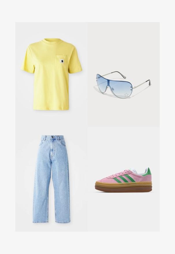 Yellow cotton t-shirt with short sleeves, round neckline, and a front pocket featuring a black logo patch. Smooth texture, casual design.; High-waisted light blue denim jeans with straight wide legs, front button, zipper closure, and front and back pockets.; Pink suede sneakers with green stripes, white accents, and a brown rubber sole. Features textured fabric and logo detailing on the side.; Aviator sunglasses featuring a gradient blue lens, silver metal frame, and decorative star accents on the lens. Smooth and sleek design.