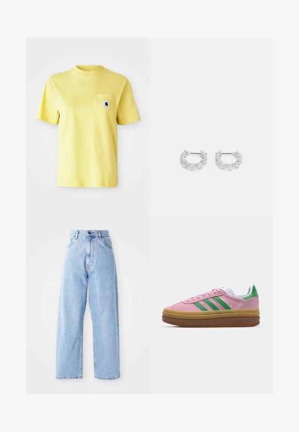 Gul bomulds T-shirt med korte ærmer, rund halsudskæring og en brystlomme med et sort logo-patch. Glat tekstur, afslappet design.; Højhalset lysblå denimjeans med lige vide ben, frontknap, lynlås lukning samt front- og baglommer.; Lyserøde ruskindsneakers med grønne striber, hvide accenter og en brun gummisål. Har tekstureret stof og logodetaljer på siden.; Sølvøreringe med hoop-design, der har rektangulære og trekantede klare krystaller arrangeret i et cirkulært mønster med en central post til fastgørelse.