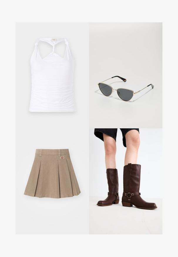 Fehér, ujjatlan felső, nyakán csomós dizájnnal, oldalán gyűrt textúrával. Rugalmas anyagból készült.; Beige, pliszírozott szoknya textúrált anyagból. Az övrészén övhurkok találhatók, és a bal elülső oldalon logó folt díszíti.; Barna bőr, térd feletti csizmák kerek orral, textúrázott felülettel, bokapánttal és ezüst hardware részletekkel; rétegezett sarokkal.; Aranyszínű fémkeretes napszemüveg sötét lencsékkel, macskaszem formájú, fekete szárakkal, amelyek egyik oldalán szivárványos akcentussal.
