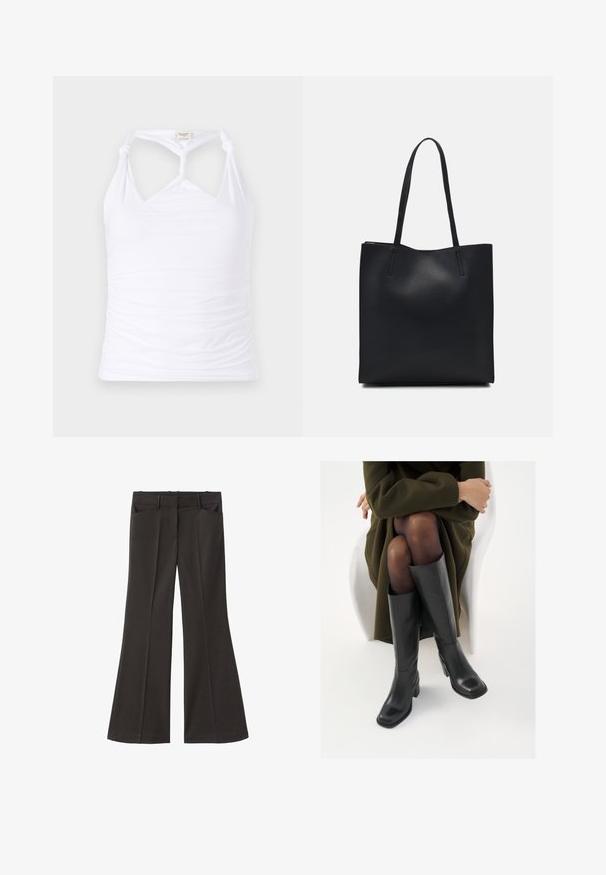 Biela bezrukávová blúzka s uzlovým dizajnom na krku, s riasenou textúrou po stranách. Vyrobená z elastického materiálu.; Čierne rozšírené nohavice s vysokým pásom; majú dve bočné vrecká a hladkú textúru látky. Vhodné na rôzne príležitosti.; Čierne kožené čižmy po kolená so štvrtým prstom a blokovým opätkom, zobrazené s modelom sediacim v olivovo zelenej bunde. Hladká textúra, minimálne detaily.; Čierna kožená taška na rameno s hladkým povrchom, obdĺžnikovým tvarom a dvoma dlhými uchami. Bez viditeľného kovania alebo ozdôb.