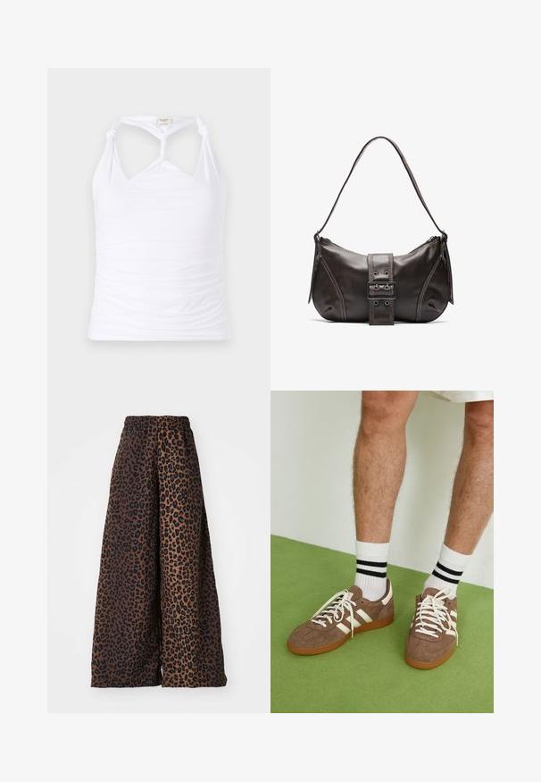 White sleeveless top with a knotted design at the neck, featuring gathered texture along the sides. Made from stretchy material.; Wide-leg trousers made of smooth fabric, featuring a brown background with a black leopard print pattern and an elastic waistband.; Brown suede sneakers with white accents and laces. Rubber gum sole. Worn with white socks featuring black stripes. Green textured flooring.; Brown leather shoulder bag with a curved shape, featuring a prominent buckle detail, contrasting stitching, and a single shoulder strap.