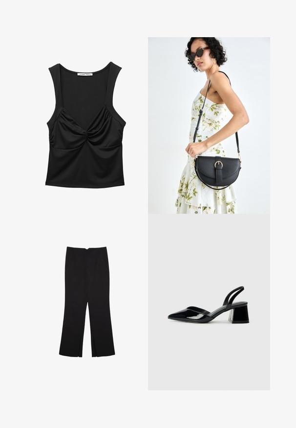 Crna bezrukavna majica od glatkog materijala, s detaljem uvijenog čvora sprijeda i opuštenim krojem. Okrugli izrez i široke naramenice.; Crne hlače ravnog kroja, s prednjim džepovima i bočnim prorezima na rubu. Izrađene od mekog i glatkog materijala. Pogodne za razne prigode.; Crne lakirane kožne sandale s otvorenom petom i špicastim vrhom, s geometrijskom blok petom. Imaju elegantan, minimalistički dizajn i glatku teksturu.; Crna kožna torba s lukovitim oblikom, odvojivim remenom i zlatnim detaljima. Torba ima preklop s kopčom.