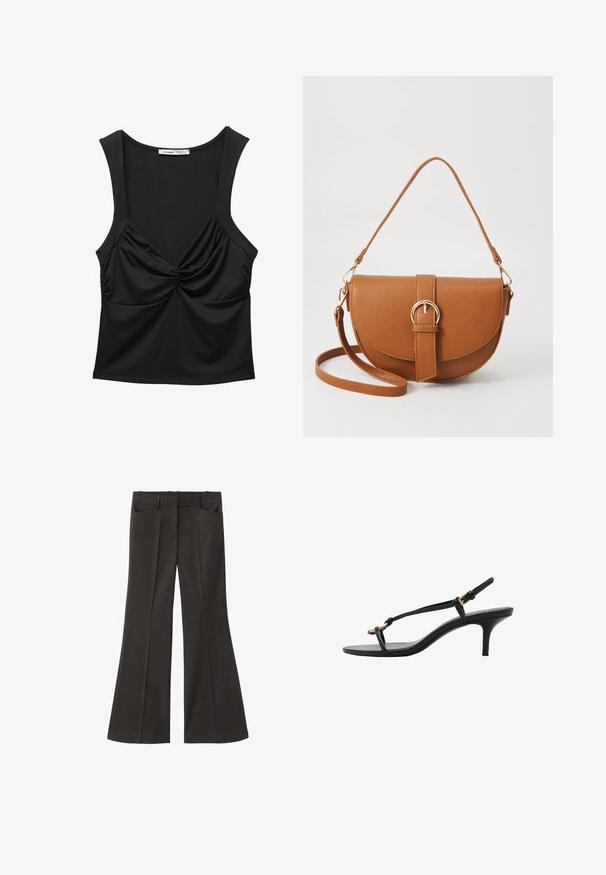 Czarny bezrękawnik wykonany z gładkiego materiału, z wywiniętym węzłem z przodu i luźnym krojem. Okrągły dekolt i szerokie ramiączka.; Czarne spodnie z szerokimi nogawkami i wysokim stanem; posiadają dwie przednie kieszenie oraz gładką teksturę materiału. Idealne na różne okazje.; Czarne skórzane sandały na koturnie z cienkimi paskami, złotą klamrą i minimalistycznym pętelką na palce na białym tle.; Brązowa skórzana torba na ramię o zaokrąglonym kształcie, ze złotymi akcentami i zapięciem w formie klamry. Posiada odpinany pasek na ramię.