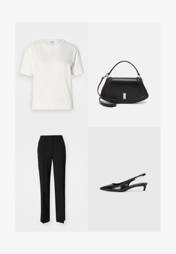 White cotton t-shirt with short sleeves, a round neckline, and a slightly loose fit. The fabric has a smooth, soft texture.; Black tailored trousers with a straight-leg design, featuring a smooth texture and crisp creases along the front. No visible hardware.; Black leather slingback heels with a pointed toe, featuring a slim heel and a gold-tone accent on the adjustable strap. Smooth texture.; Black leather handbag with a structured design, featuring a cropped shape, top handle, and gold hardware accent. Adjustable shoulder strap included.