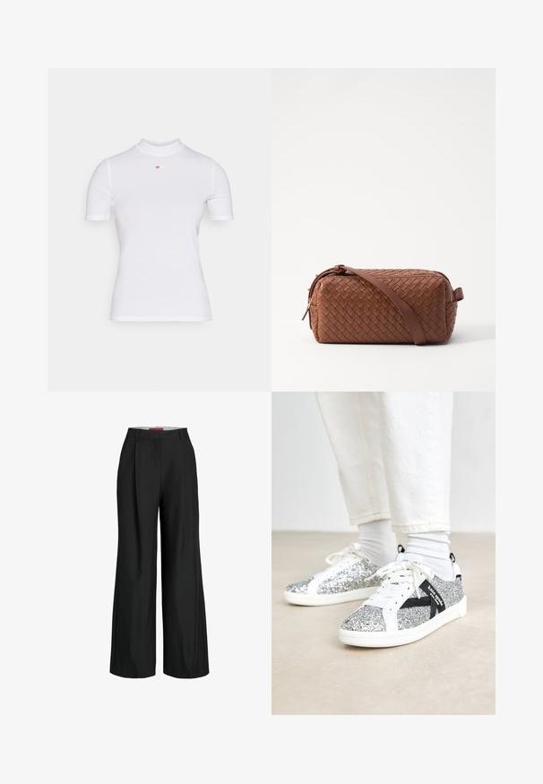 Balta ribota īsās piedurknes T-kreklu ar augstu apkakli un mazu sarkanu logotipu, kas izvietots centrāli uz krūšu daļas. Gluda tekstūra, cieši pieguļošs dizains.; Melnas platas bikses ar pielāgotu dizainu, kurām ir krokas un gluda auduma tekstūra. Tīras līnijas un nav redzamu detaļu vai akcentu.; Mirdzoši sudraba kedas ar baltu un melnu dizainu. Kedas ir aprīkotas ar baltām šņorēm un akcentiem, kā arī ar teksturētu, mirdzošu virsējo virsmu.; Brūns austs ādas soma ar taisnstūra formu, gludu tekstūru, rāvējslēdzēja aizdari un plecu siksnu. Iekļauj sānu rokturi un zelta akcentus.; Zelta un sudraba auskari gredzeni ar savijas dizainu, rotāti ar caurspīdīgiem dārgakmeņiem gar ārējām malām, demonstrējot sarežģītu izpildījumu.