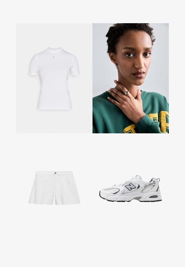 Hvid ribbet kortærmet t-shirt med høj hals og et lille rødt logo placeret centralt på brystet. Glat tekstur, tætsiddende design.; Hvide bomuldsshorts med en afslappet pasform, der har forlommer, en knaplukning og flade sømme for en glat finish.; Hvide sportsko med netoverdel, marineblå detaljer og polstret sål. Har "N" logo, snørebånd og struktureret detalje på siden.; Sølv ring med et glat, buet design og en stjerneaccent. Model iført en grøn sweatshirt med gule bogstaver, hænderne nær halsen.