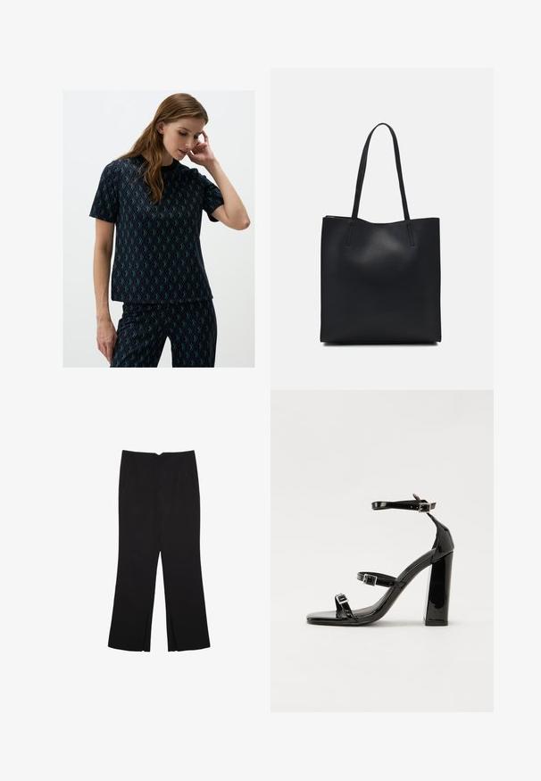 Czarny top z krótkim rękawem w geometryczny turkusowy wzór. Gładka faktura i luźny krój, z okrągłym dekoltem i lekkim stretchowaniem.; Czarne spodnie o prostym kroju, z przednimi kieszeniami i bocznymi rozcięciami na dole. Wykonane z miękkiego, gładkiego materiału. Odpowiednie na różne okazje.; Czarne lakierowane sandały na obcasie z kwadratowym noskiem, z paskami wokół kostki i srebrnymi klamrami. Posiadają masywny słupek dla stabilności.; Czarna skórzana torba tote o gładkiej fakturze, prostokątnym kształcie i dwóch długich uchwytach. Brak widocznych elementów metalowych i ozdób.