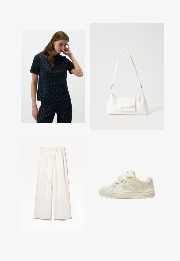 Zwart T-shirt met korte mouwen en geometrisch teal patroon. Glad materiaal en een losse pasvorm, met een ronde hals en een lichte rek.; Witte wijde broekspijpen gemaakt van lichte stof, met een elastische tailleband, trekkoord en zijzakken zonder zichtbare patronen.; Beige sneakers met een gestructureerd bovenwerk, opvallende veters, meshpanelen en een dikke zool. Gebogen ontwerp met een gepolsterde kraag voor comfort.; Witte synthetische handtas met een driehoekige vorm, platte voorklep en strikdetail, verstelbare schouderriem, gladde textuur en minimalistisch ontwerp.