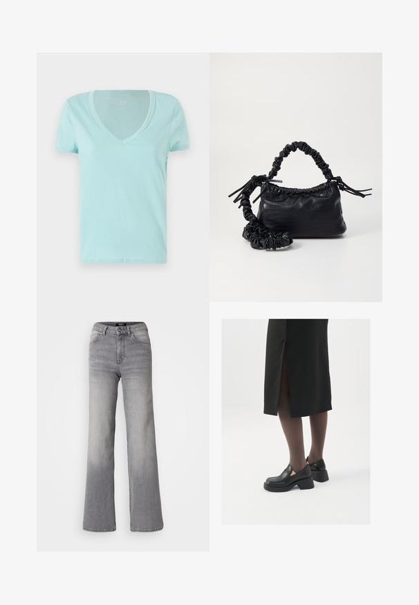 GAP Navadna majica - surf spray; Visoko pasu naravnost krojene sivo denim hlače z gumbom in zadrgo spredaj, sprednjimi in zadnjimi žepe ter zbledelim odtenkom na stegen in tele. ; Črne usnjene čevlje s zaobljenim prstom, debelim blokastim petama in elastičnimi stranskimi detajli, v kombinaciji s temno nogavicami in črno krilo z razporkom.; Črna torbica iz umetnega usnja s krokodilovo teksturo, z zvitim vrhom in zmečkano naramico. Zdi se mehka in kompaktna v oblikovanju.