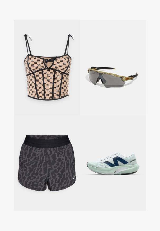 MISBHV MONOGRAM COQUETTE CORSET - Top - beige/black; Krátké kalhoty s leopardím vzorem v černé a šedé barvě, s širokým elastickým pasem, s jemným leskem a malým bílým logem Nike na dolním pravém rohu.; Lehká běžecká bota v bílé a světle mentolové barvě, se modrými akcenty, texturovaným síťovým svrškem a polstrovanou podešví s výrazným podpatkem.; Sportovní sluneční brýle s rámem s zeleným vzorem, černými stranami a šedými skly. Design obsahuje obepínající styl s odvážným, sportovním tvarem.