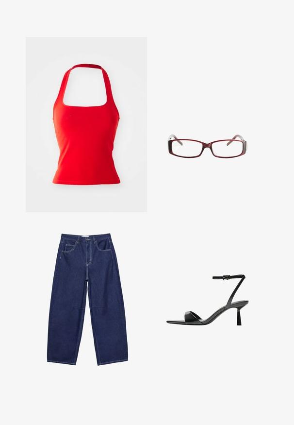 Top a halter neck rosso con scollatura quadrata, design aderente e texture liscia. Nessun motivo o dettaglio visibile.; Pantaloni a gamba larga in denim blu scuro con vita alta, cinque tasche e cuciture bianche a contrasto. Texture liscia, design classico.; Bershka Sandali con tacco - black; Occhiali da sole rettangolari rossi con un design elegante. Lenti chiare, steli leggermente traslucidi e un effetto sfumato dal rosso al grigio.