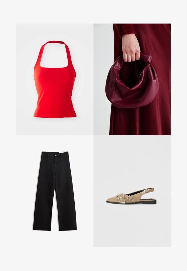 Rode halterhals tanktop met een vierkante halslijn, getailleerd ontwerp en een gladde textuur. Geen zichtbare patronen of accenten.; Zwarte denim broek met wijde pijpen en een hoge taille, voorzien van voor- en achterzakken, gestikte naden en een knoopsluiting. Gladde textuur.; Beige gepatineerde slingback schoenen met een spitse neus, twee verstelbare gespen en een lage zwarte hak. Glad textuur met een glanzende afwerking.; Bordeaux leren handtas met een zacht, gegathered ontwerp en een ronde vorm. De handgreep is stevig bevestigd en toont een gladde textuur.