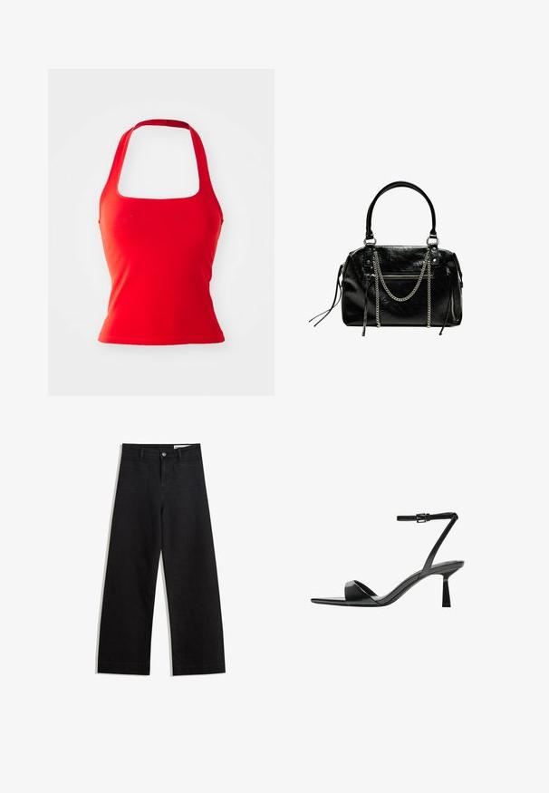 Piros, pánt nélküli top négyzet alakú nyakkivágással, testhez simuló szabással és sima tapintással. Nincsenek látható minták vagy kiegészítők.; Fekete, bő szabású farmernadrág magas derékkal, elülső és hátsó zsebekkel, varrott felületekkel és gombos záródással. Sima textúra.; Bershka Magas sarkú szandálok - black; Bershka WITH CHAIN - Kézitáska - black