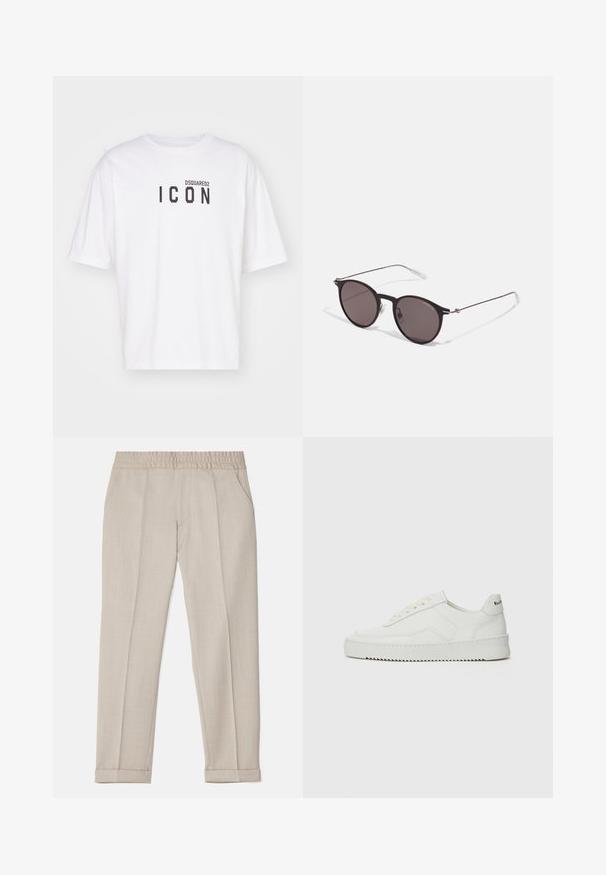 Camiseta blanca de algodón con cuello redondo y mangas cortas, con un gráfico negro de "ICON" y el texto "DSQUARED2" impresos en la parte frontal.; Filippa K TERRY CROPPED TROUSERS - Pantalones - sage melange; Zapatilla de cuero blanca con un acabado suave, puntera redonda, cordones planos y suela texturizada. Cuenta con un sutil logo en el talón.; Gafas de sol redondas negras con lentes oscuros y brazos metálicos delgados. Incluye puntas de varilla transparentes y acentos plateados en la bisagra. Diseño minimalista.