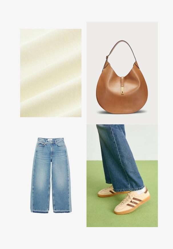 Next OVERSIZED LONGLINE - REGULAR FIT - Triko s potiskem - ecru white; Světle modré džínové kalhoty širokého střihu, vyrobené z denimu, s vysokým pasem, zapínáním na knoflík, předními kapsami a surovým lemem.; Beige tenisky s texturovanými krémovými panely a hnědými pruhy, kombinované s modrými džínovými kalhotami. Džínsy mají široké nohavice a roztrhaný lem.; Kabelka z hladké koženky v tan barvě, s křivkovým tvarem a širokým ramenním popruhem. Obsahuje zlatý kovový akcent ve středu a hladký povrch.