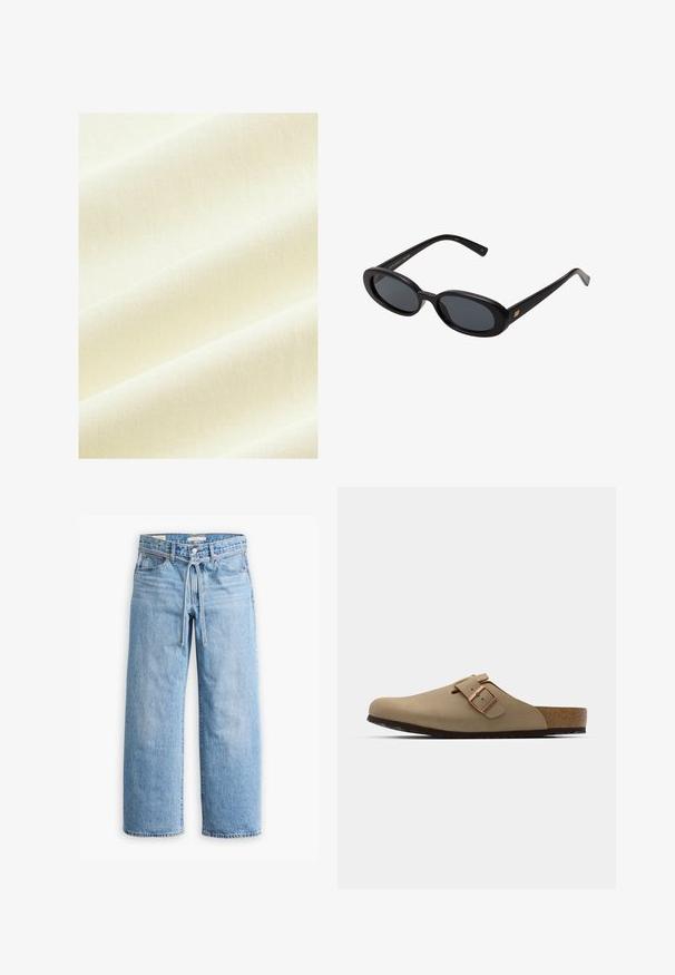 Next OVERSIZED LONGLINE - REGULAR FIT - Tricou cu imprimeu - ecru white; Jeanși cu talie înaltă, de culoare albastru deschis, cu picioare largi, închidere cu nasture și fermoar, și detaliu cu șnur la talie. Terminare brută a marginii.; Saboți bej cu vârf rotund, accent cu cataramă ajustabilă și talpă din plută. Suprafață texturată cu o talpă din cauciuc negru pentru aderență.; Ochelari de soare supradimensionați, cu lentile ovale, cadru din plastic neted și accente aurii pe brațe. Lentilele întunecate oferă protecție solară.