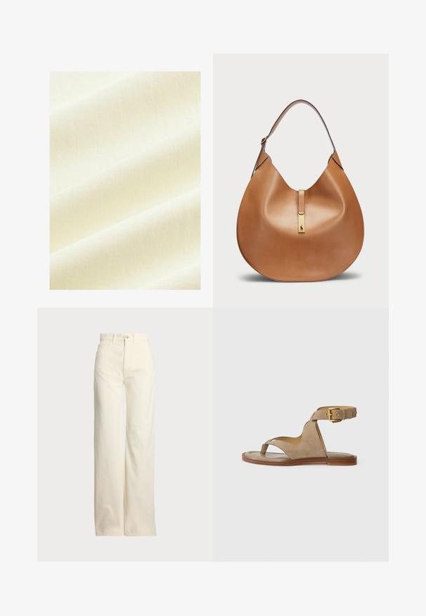 Next OVERSIZED LONGLINE - REGULAR FIT - Camiseta estampada - ecru white; Polo Ralph Lauren COTTON CORDUROY WIDE-LEG PANT - Pantalones - warm white; Sandalia de ante beige con un lazo para los dedos, lados abiertos y una amplia correa en el tobillo con una hebilla dorada. Suela plana marrón con un ligero borde.; Bolso de mano de cuero marrón claro con forma curva y una amplia correa para el hombro. Presenta un acento de metal dorado en el centro y una textura suave.