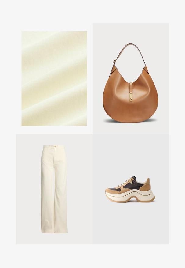 Next OVERSIZED LONGLINE - REGULAR FIT - Trükipildiga T-särk - ecru white; Polo Ralph Lauren COTTON CORDUROY WIDE-LEG PANT - Püksid - warm white; Kruusaga tossud beežis ja tumeses pruunis, koos nahkdetailide, valgete paelte ning väikese kuldse MK ripatsiga küljes.; Kohvane nahast käekott, millel on kaarjas kuju ja lai õlavööt. Koti keskosas on kuldne metallne detail ning pind on sile.