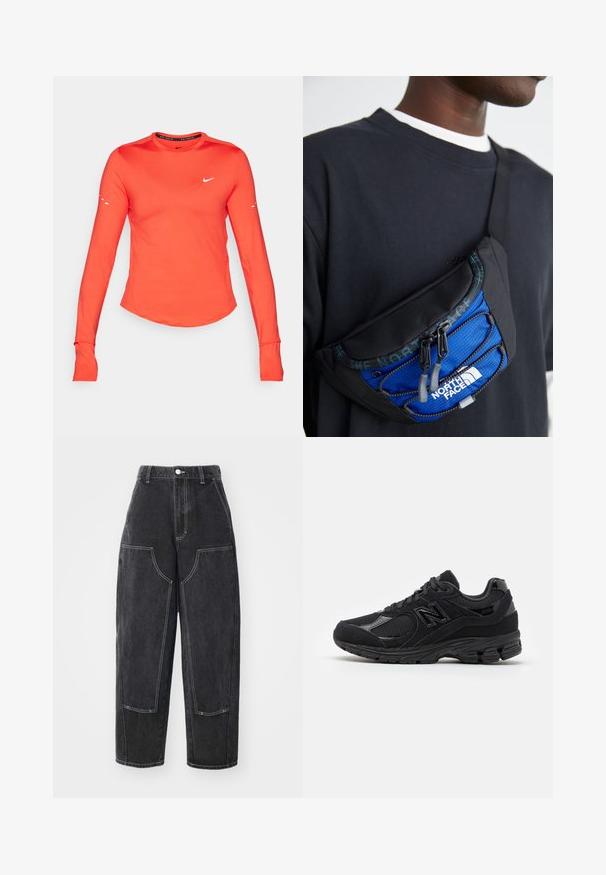 Ilgaplaukio sportinis marškinėliai, ryškiai oranžinės spalvos, apvalus iškirpimas, baltas Nike logotipas ant krūtinės, nykščių angos rankovėse, siauras siluetas, lygus tekstūra.; Juodi džinsai su laisvu siluetu, su kontrastinėmis siūlėmis, dviem priekinėmis kišenėmis ir aukštu juosmeniu. Tekstūra lygi, su šiek tiek blizgesio.; Juodi sportiniai batai, išsiskiriantys lygių ir tekstūrinių medžiagų deriniu, apvaliu priekiniu galiuku, paminkštintu apykakle ir išsikišančiu logotipu šone.; Juodas audinio per petį nešiojamas krepšys su mėlynu tinkleliu, dvigubais užtrauktukais ir reguliuojama dirželiu. Priekyje yra "The North Face" logotipas.