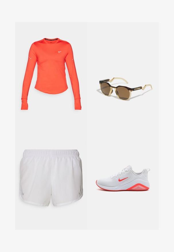 Majica dugih rukava za sport, svijetlosmeđa tkanina, okrugli izrez, bijeli Nike logo na prsima, rupice za palčeve na manžetama, uski kroj, glatka textura.; Nike Performance FAST TEMPO SHORT - Sportske kratke hlače - white/silver; Bijele sportske cipele s mrežastim gornjim dijelom, crvenim akcentima na swooshu i potplatu, te jastučenim petom. Imaju teksturirani potplat za bolju prionjivost.; Smeđe, okrugle sunčane naočale s raširanim okvirom u uzorku kornjačevine i svijetloj žutoj boji, oštrim krakovima i teksturiranim detaljima na sljepoočnicama.