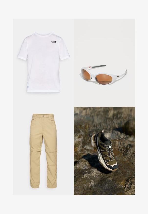 Hvid kortærmet t-shirt med et sort logo på øverste venstre bryst og blåt designdetalje nær kanten. Blødt, let stof.; Beige zip-off bukser med en glat tekstur, der har to sidelommer, en knaplukning og opsmøgede bukseben for alsidighed.; Vandrestøvle i olivengrøn og sort med pink accenter. Har en tekstureret overdel, fleksibel sål, forstærket tåhætte og farverigt snøresystem.; Hvide solbriller med brune linser, oval form, lavet af glat plastik, med grå accenter på stængerne og et logo på rammen.