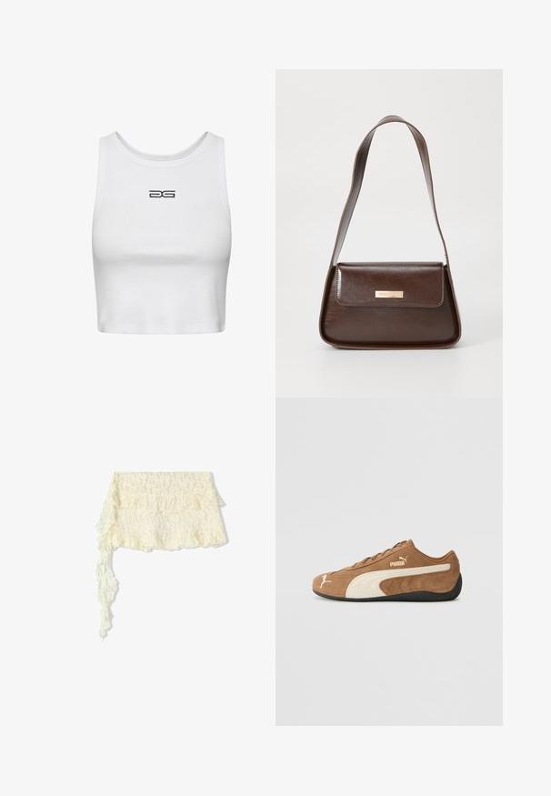Bijela skraćena majica na bretele od rebrastog pamuka. Ima okrugli izrez i vezeni crni logo na prsima. Jednostavan, prilagođen kroj.; Čipkasti kratki top u boji off-white, s mekim draperijom, izrezom u obliku kruške i detaljem s vezanjem sa strane za prilagodljivu veličinu. Delikatni cvjetni uzorak po cijeloj površini.; Čipkasti šal u boji slonovače s volančićima; sadrži složene cvjetne uzorke; lagano pada s dugim, razvučenim krajem.; Smeđi zamjubljeni niskopodni tenisice s kremastim akcentima, teksturiranom površinom, crnim gumeni potplat, i izvezenim logom na strani i jeziku.; Smeđa kožna torba za rame sa strukturiranim oblikom, koja ima magnetsko zatvaranje na preklopu i metalni logo akcent na prednjoj strani.