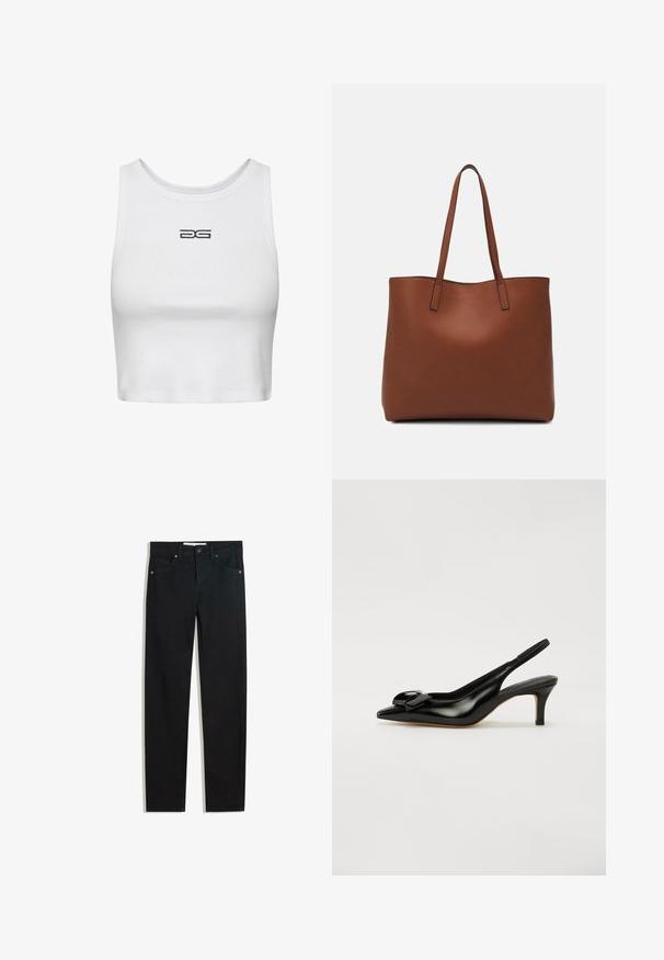 Hvid cropped tanktop lavet af ribbet bomuld. Har en rund halsudskæring og broderet sort logo på brystet. Simpel, tætsiddende design.; Sorte denimbukser med lige ben, fem lommer, metalknaplukning og diskrete syningsdetaljer. Glat tekstur.; Sorte lakerede slingback-sko med spids tå, lille hæl og en fremtrædende sløjfeaccent på vamsen. Glat tekstur og elegant design.; Brun læder tote taske med en glat overflade, åben topdesign og to skulderremme. Har minimal syning og ingen synlig hardware.