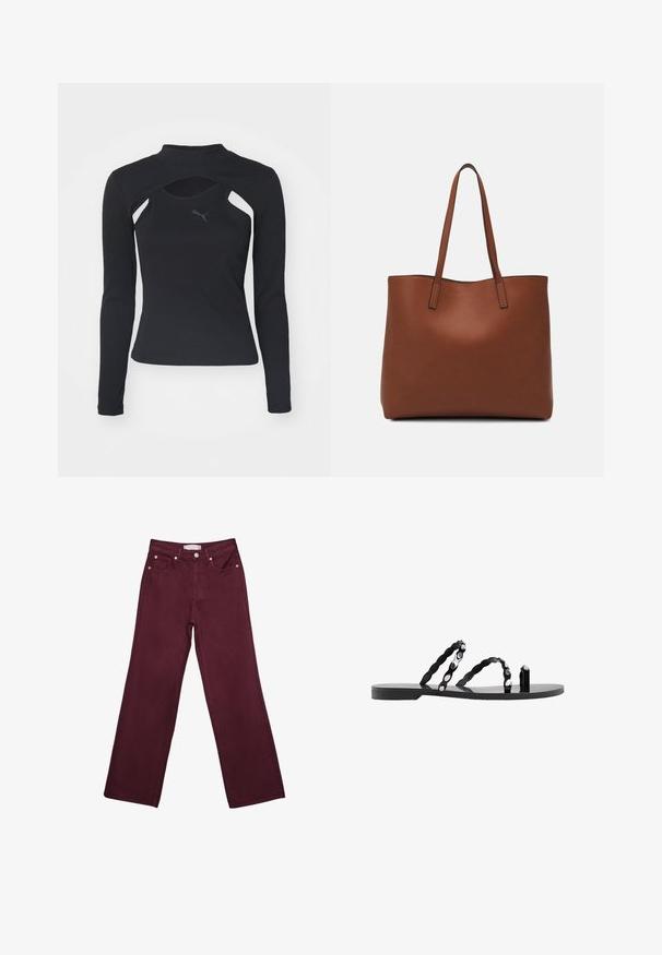 Schwarzes Langarmshirt mit hohem Kragen, das über Aussparungen und eine strukturierte, gerippte Oberfläche verfügt. Logo auf der Brust in Dunkelgrau.; Burgunderfarbene hochtaillierte Jeans mit geradem Bein-Design, ausgestattet mit vorderen Taschen, einem Knopfverschluss und metallischen Akzenten in Kupferfarbe.; Stradivarius STUDDED FLAT - Zehentrenner - black; Braune Leder-Tote mit glatter Textur, offenem Oberteil und zwei Schulterriemen. Verfügt über minimale Nähte und keine sichtbaren Beschläge.