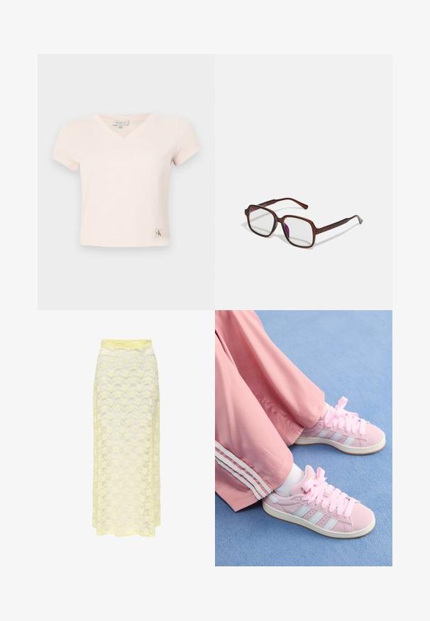 Tricou roz cu maneci scurte, decolteu în V, cu eticheta CK pe partea stângă, jos, realizat din material moale de bumbac.; Fustă maxi galbenă din dantelă cu un model ondulat, având un tiv neted și o textură moale, transparentă. Proiectată pentru o siluetă fluidă.; Pantofi sport roz cu dungi albastre deschise, vârf rotund și șireturi groase roz, asortați cu pantaloni de trening roz, având dungi albe pe lateral.; Ochelari de vedere dreptunghiulari, maro, cu lentile transparente și nuanțe de violet. Cadru din plastic neted cu brațe drepte și accente subtile.