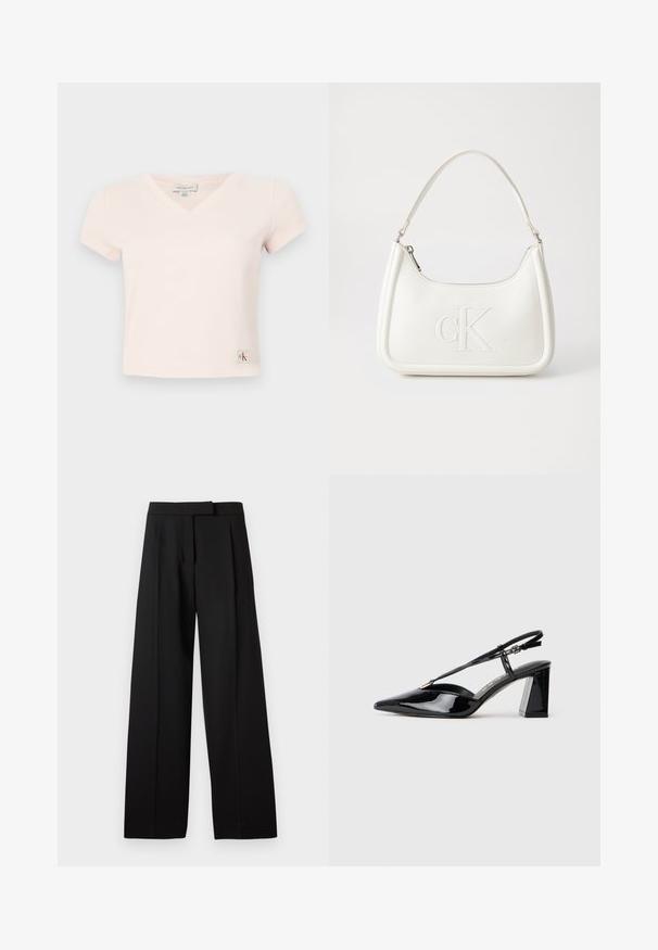 Tricou roz cu maneci scurte, decolteu în V, cu eticheta CK pe partea stângă, jos, realizat din material moale de bumbac.; Pantaloni negri cu croială largă și textură netedă, având un tiv plat și un elastic ajustat la talie. Design simplu, fără accesorii vizibile sau tipare.; Pantofi cu toc înalt din piele patent neagră, cu vârf ascuțit, curea ajustabilă și toc pătrat chunky.; Geantă de umăr din piele albă cu formă curbată, având un logo "CK" embosat pe partea din față și un singur braț de umăr. Închidere cu fermoar în partea de sus.