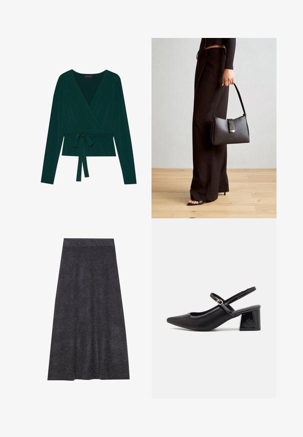 Sötétzöld anyagú, hosszú ujjú blúz, V-nyakkivágással és állítható derékvonali megkötővel a testhez simuló hatásért. Puha tapintású.; Sötétszürke, térdhez érő kötött szoknya sima felülettel és derékpánttal. A-vonalú sziluett egyenletes szegéllyel, a kényelem és a sokoldalúság jegyében tervezve.; Fekete lakk bőr, pántos magassarkú cipő, hegyes orral, lekerekített kivágással és tömbsarkal. Arany színű csat díszíti.; Fekete kézi táska strukturált formával, sima textúrával és fémből készült záródással. Széles fekete nadrággal és nyitott orrú szandállal párosítva, fából készült padlón.