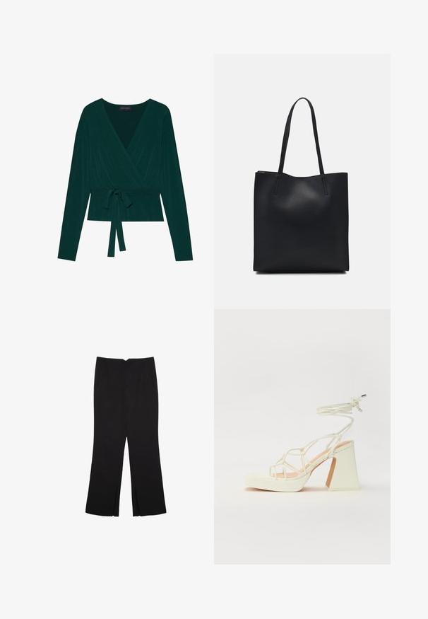 Yläosa tummanvihreästä kankaasta, jossa on pitkät hihat, V-pääntie ja säädettävä nauha vyötäröllä istuvan ilmeen saavuttamiseksi. Pehmeä materiaali.; Mustat housut suoralinjaisella leikkauksella, joissa on etutaskut ja sivurei'ät helman alla. Valmistettu pehmeästä ja sileästä kankaasta. Sopii eri tilaisuuksiin.; Valkoinen korkokenkä, jossa on paksu korko, ja joka sisältää nauhakiinnityksen ja nilkkaketjun. Sujuva pinta, jossa on platform-etupohja lisäkorkeutta varten.; Mustapahkainen kangaskassi, jossa on sileä pinta, suorakaiteen muotoinen ja kaksi pitkää kahvaa. Ei näkyvää metalliosaa tai koristeita.