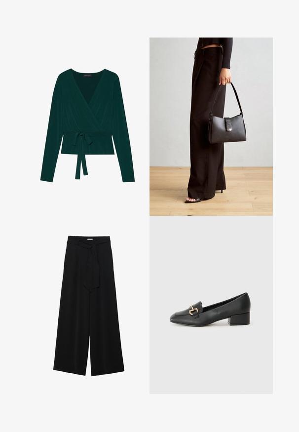 Tumšzaļš audums topam ar garām piedurknēm, V-veida izgriezumu un regulējamu jostu viduklī, nodrošinot pieguļošu izskatu. Mīksta tekstūra.; Melni platleņķa bikses ar teksturētu audumu, elastīgu jostu un noņemamu siksnu viduklī, kas nodrošina regulējamu piegulšanu.; Melnas ādas loafers ar plakanu papēdi, kurām priekšā ir dekoratīvs zelta aparatūras elements un gluda tekstūra.; Melnā somiņa ar strukturētu formu, gludu tekstūru un metālu sprādzi. Saskaņota ar platām melnām biksēm un sandālēm ar atvērtu purngalu uz koka grīdas.