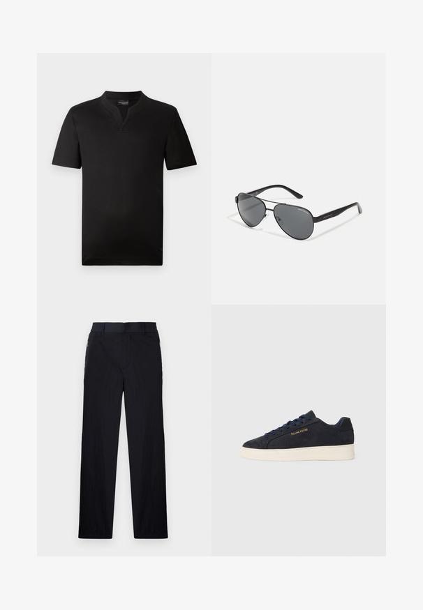 Svart kortermet T-skjorte laget av glatt stoff med v-hals og rett søm. Ingen synlige mønstre eller detaljer.; Sorte bukser med lett og teksturert stoff, rett ben-design, elastisk midjebånd og sidelommer med glidelås.; Marineblå ankelhøyde sneakers i semsket skinn med hvit såle, marineblå snøringer, og "Filling Pieces"-logo i gull på siden.; Svarte pilotbriller med mørke linser, tynn metallramme og slanke plastarmer med logo aksenter.