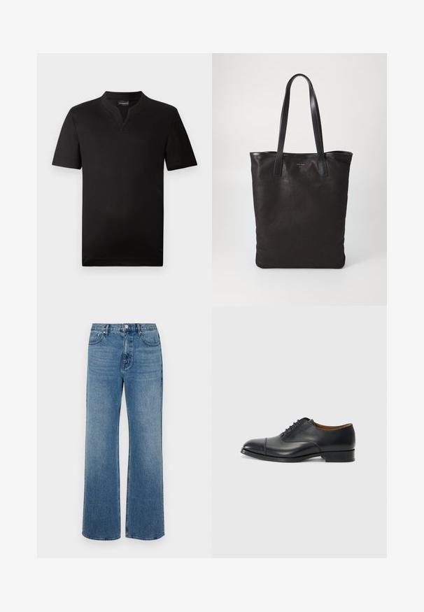 Black short-sleeve t-shirt made of smooth fabric with a v-neck collar and a straight hem. No visible patterns or accents.; Wide-leg blue jeans made of denim with a faded finish. Features five pockets, a front button closure, and a straight cut.; Black leather dress shoe with a smooth finish, rounded toe, five eyelets for laces, and low block heel. Minimalist design with subtle stitching.; Black canvas tote bag with black leather handles. Simple design, spacious body, and a smooth texture. No visible logos or patterns.