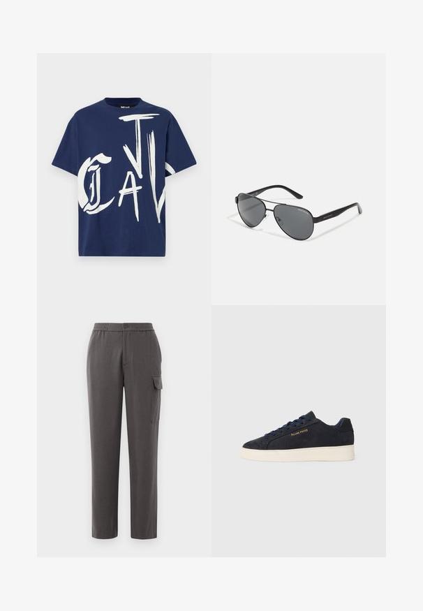 T-shirt de algodão azul marinho com letras em branco em traço forte. Mangas curtas, gola redonda, ajuste descontraído, design minimalista.; Calças cinzas com um ajuste descontraído, feitas de um tecido suave. Apresentam um fecho de botão, bolsos laterais e um bolso de carga na perna.; Sapatilhas baixas em camurça azul-marinho com sola branca, atacadores azuis-marinho e o logótipo "Filling Pieces" em dourado na lateral.; Óculos de sol aviador pretos com lentes escuras, armação fina em metal e hastes elegantes em plástico com detalhes de logótipo.